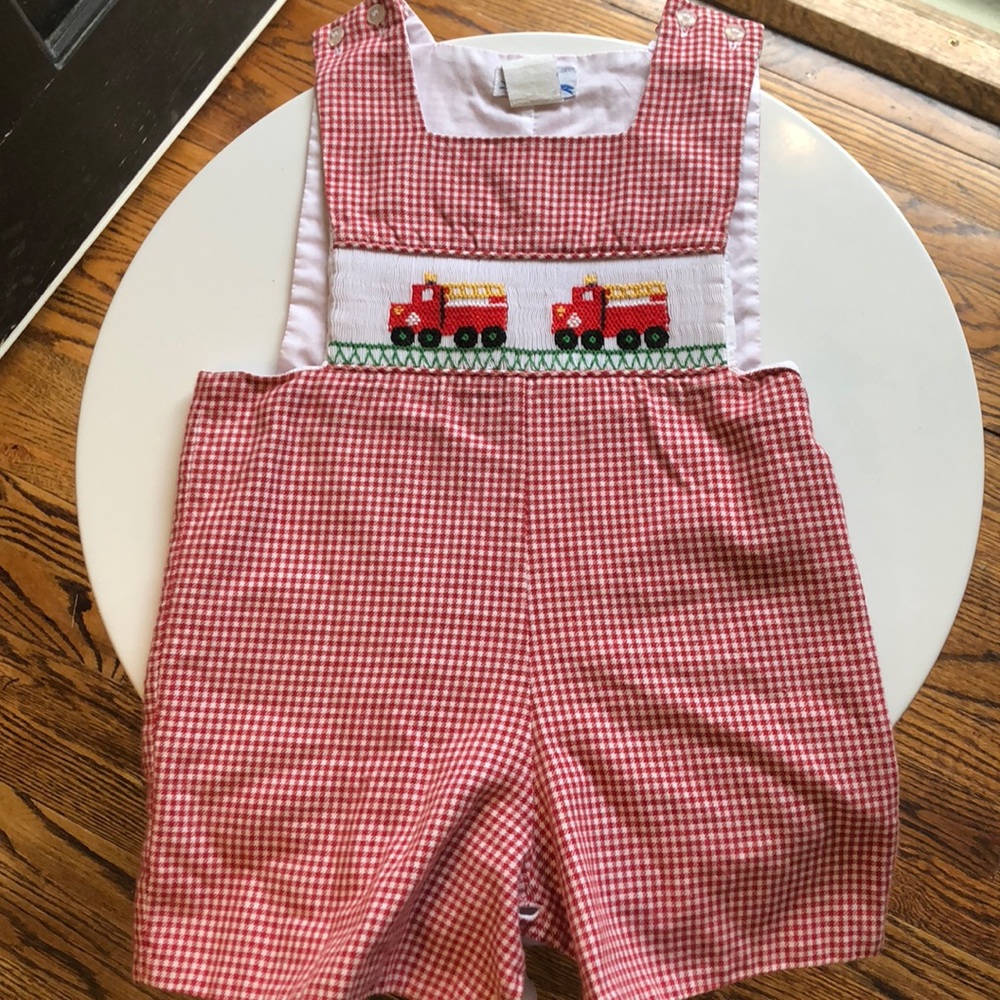 Red Gingham Fire truck shortalls